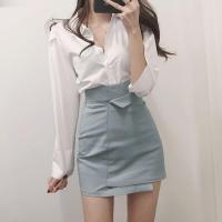 两件套半身裙女白色衬衫上衣不规则a字包臀裙高腰显瘦短裙套装潮 雾霾蓝 半身裙 XS [建议72-84斤]