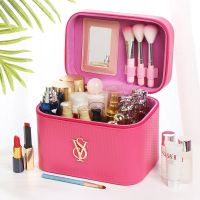 新款时尚便携大容量化妆包手提双层化妆箱旅行化妆品收纳盒整理箱 玫红-小号YS