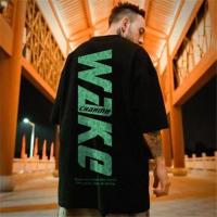 夏季加肥加大码男装国潮新款时尚印花潮流学生上衣五分袖透气t恤 字母W黑[单件] M 建议100斤内