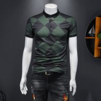 2021夏季新款时尚菱形格子印花短袖POLO衫男士帅气修身翻领T恤潮 绿色 M (建议80-100斤)