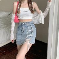 2021新款辣妹绑带牛仔半身裙女夏季韩版ins高腰a字包臀chic短裙子 图片色 S