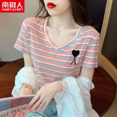 条纹v领短袖T恤女2021新款韩版上衣ins潮洋气气质修身