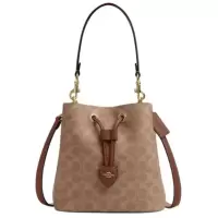 COACH蔻驰女包 Rowan 22 品牌徽标经典 皮革 水桶包手提包 小号 女款 棕色CBH07-IMXHE