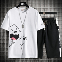 gurunvani 冰丝短袖T恤男套装2021夏季新款男士外穿宽松五分裤休闲港风短袖两件套