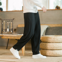 休闲裤男士长裤子宽松弹力夏季大码直筒中国风冰丝亚棉麻九分裤gurunvani