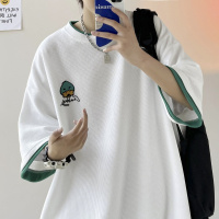 gurunvani 华夫格短袖T恤男士夏季新款假两件五分袖上衣男生宽松潮牌男装衣服