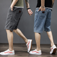夏季薄款短裤青少年条纹牛仔裤男潮牌宽松直筒弹力五分裤中裤子gurunvani