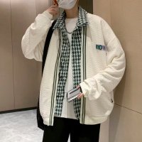 gurunvani 千鸟格开衫假两件翻领外套男棒球服宽松慵懒风小香风卫衣秋季夹克