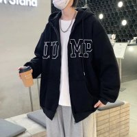 gurunvani 开衫连帽卫衣男春秋季新款潮牌宽松黑色上衣印花学生外套