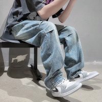 gurunvani 春秋款牛仔裤男士宽松直筒潮牌秋季美式vibe高街休闲阔腿长裤子