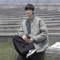 gurunvani 美式菱形格字母棒球服棉衣外套男款潮牌秋冬季加厚保暖男生棉服袄