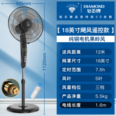 钻石牌电风扇家用落地宿舍遥控台式立式遥控摇头餐厅大电扇耐用实惠价老品牌学生宿舍厂房 18英寸飓风遥控款[纯铜电机果岭