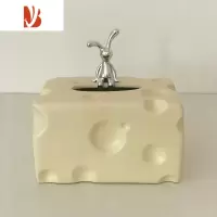 三维工匠奶酪趣味纸巾盒家用客厅茶几网红轻奢陶瓷桌面装饰抽纸盒卧室摆件 奶黄色 坐姿小兔+奶酪纸巾盒