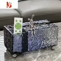 三维工匠ins风抽纸盒轻奢家用客厅茶几餐巾纸盒子创意壁挂收纳纸巾盒 冰川纹纸巾盒+收纳-透蓝