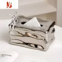 三维工匠ins风陶瓷纸巾盒轻奢家用摆件客厅茶几装饰品创意可爱萌兔抽纸盒 冰川陶瓷纸巾盒[银色]小兔款