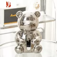 三维工匠奶油风暴力熊陶瓷纸巾盒客厅餐桌餐巾纸抽纸盒桌面摆件装饰品 银色小熊纸巾盒