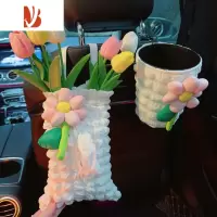 三维工匠网红车载纸巾盒多挂式抽纸盒高级感车内扶手收纳装饰品 郁金香泡泡粉花+垃圾桶