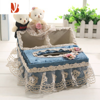 三维工匠布艺纸巾盒客厅轻奢多创意遥控器收纳盒家用茶几桌面抽纸盒子 恩爱熊2合1(中号)蓝色