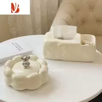 三维工匠奶油风陶瓷纸巾盒家用客厅茶几多遥控器收纳盒轻奢抽纸盒 1163小熊收纳纸巾盒[奶白]+小熊烟灰缸[奶白]
