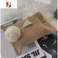 三维工匠原创设计毛球纸巾套纯色米色灰色布艺纸巾盒车载纸巾套 奶咖色