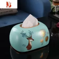 三维工匠抽纸盒客厅家用轻奢北欧纸巾盒美式创意餐巾盒欧式陶瓷纸抽盒 蓝色椭圆款(送底板)