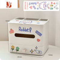 三维工匠多纸巾盒客厅床头抽纸盒可爱学生办公桌收纳盒化妆镜工位书桌 白色 送贴纸DIY点缀款