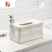 三维工匠冰川陶瓷纸巾盒轻奢家用客厅摆件银色桌面茶几装饰品创意抽纸盒 冰川纸巾盒-奶白+小熊