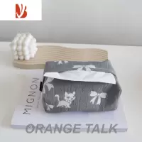 三维工匠ins中国风压花烫金刺绣纸巾盒猫咪车载手工桌面抽纸收纳布艺双层 灰猫咪