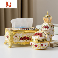 三维工匠欧式网红奢华塑料纸巾盒牙签筒烟灰缸家用客厅办公室长方形抽纸盒 皇冠纸巾盒3件套金白红花