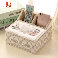 三维工匠欧式多纸巾盒客厅抽纸盒遥控器收纳盒布艺蕾丝桌面纸抽盒家用 琉璃-米色