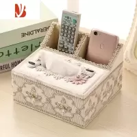 三维工匠欧式多纸巾盒客厅抽纸盒遥控器收纳盒布艺蕾丝桌面纸抽盒家用 琉璃-米色