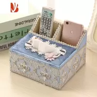 三维工匠欧式多纸巾盒客厅抽纸盒遥控器收纳盒布艺蕾丝桌面纸抽盒家用 琉璃-蓝色