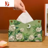 三维工匠ins油画轻奢风纸巾盒收纳餐厅抽纸盒高级感车内客厅办公桌面纸抽 月下白玫瑰-抽纸盒