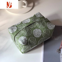三维工匠日系铃鼓纸巾盒刺绣棉麻ins风 布艺纸巾套纸巾袋小黄花雏菊皆川明 叶脉-绿色