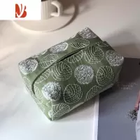 三维工匠日系铃鼓纸巾盒刺绣棉麻ins风 布艺纸巾套纸巾袋小黄花雏菊皆川明 叶脉-绿色