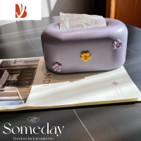 三维工匠ins韩国风简约北欧风纸巾盒可弹抽纸盒餐巾纸盒客厅桌面收纳整理 紫色花朵