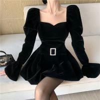 权小威 2022春秋新款赫本风法式气质生日晚礼服小个子黑色蓬蓬裙高级感金丝绒连衣裙潮