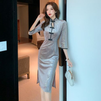 权小威 2022春秋新款大气时尚气质显瘦御姐轻熟风性感镂空开叉丝绒烫金旗袍长款过膝连衣裙