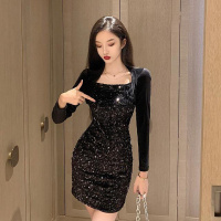 权小威 2022春秋新款大气时尚显瘦丝绒拼接重工亮片修身包臀年会礼服显瘦气质连衣裙女