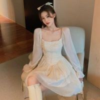 权小威 2022春秋新款大气时尚气质显瘦方领雪纺连衣裙女网纱蓬蓬裙拼接褶皱公主裙女