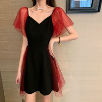 权小威 2022春秋新款大气时尚气质显瘦温柔风收腰黑裙网纱拼接撞色V领绑带聚会礼服连衣裙