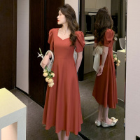 权小威 2022夏款法式复古方领泡泡袖后背蝴蝶结显瘦中长款连衣裙77