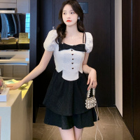 权小威 2022夏装气质法式收腰显瘦荷叶边下摆蝴蝶结方领泡泡袖连衣裙