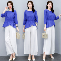 权小威 2022夏新款款韩版修身时尚气质显瘦棉麻套装女棉轻薄小衫配苎麻阔腿裤两件套透气凉爽