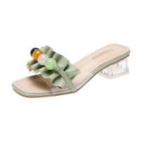 权小威 高跟拖鞋女夏外穿新款时尚透明方头一字粗跟串珠凉拖鞋女