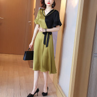 权小威 连衣裙女装2022年新款夏装法式洋气醋酸缎面荷叶边拼接撞色系带过膝中长款裙子夏天