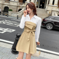 权小威 甜美小个子连衣裙2022春夏新款时尚气质长袖赫本风仙气拼接高级感衬衫连衣裙女装