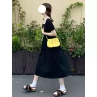 权小威 黑色连衣裙女夏2022新款法式复古方领收腰显瘦赫本风雪纺长款裙子