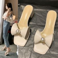 权小威 2022新款韩版百搭粗跟一字型女拖鞋中跟夏天配裙子舒适软底女鞋