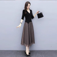 权小威 2022秋装新款秋季春秋时尚气质遮肚子显瘦女士长袖蕾丝连衣裙网纱复古长裙打底裙a字裙子